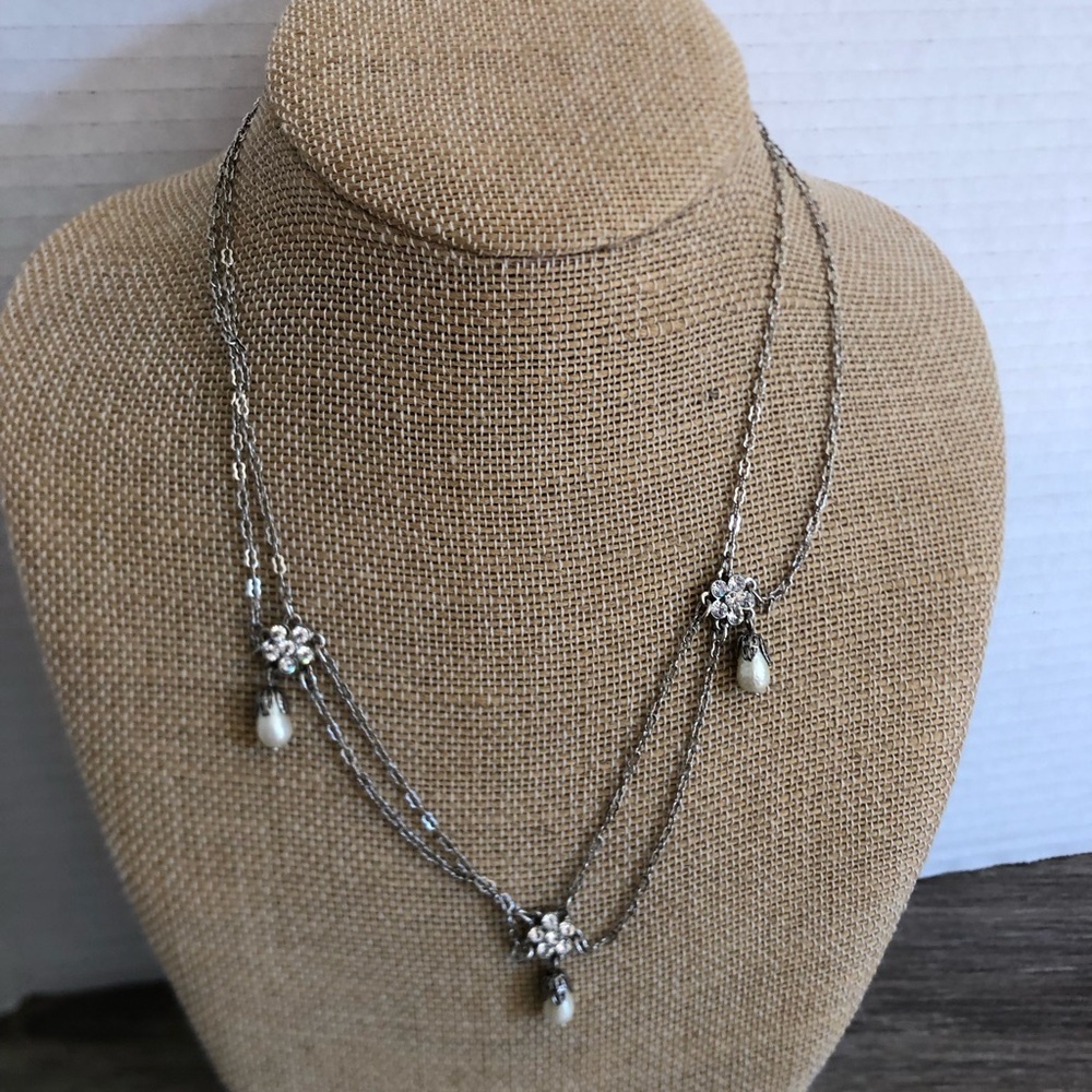Vtg Floral Crystal Pearl Drop Multi Strand Necklace